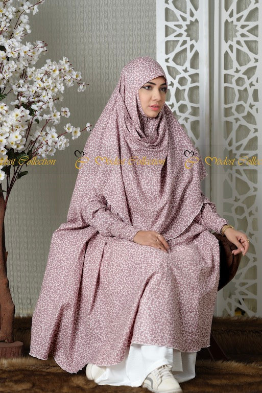 Niqab Khimar with pockets printed Mauve - Modest Collection