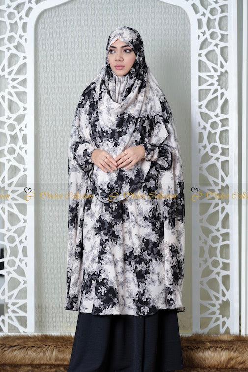 Niqab Khimar with pockets printed White - Modest Collection