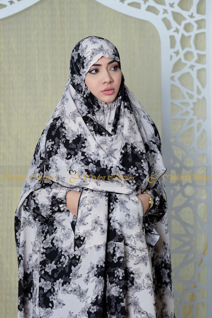 Niqab Khimar with pockets printed White - Modest Collection