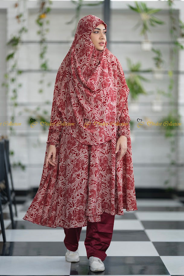 Niqab Khimar with pockets printed Maroon - Modest Collection