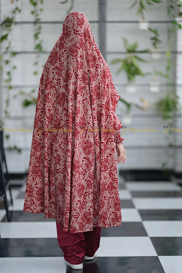 Niqab Khimar with pockets printed Maroon - Modest Collection