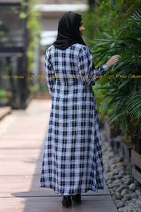 Linen Modest Dress Checkered Black