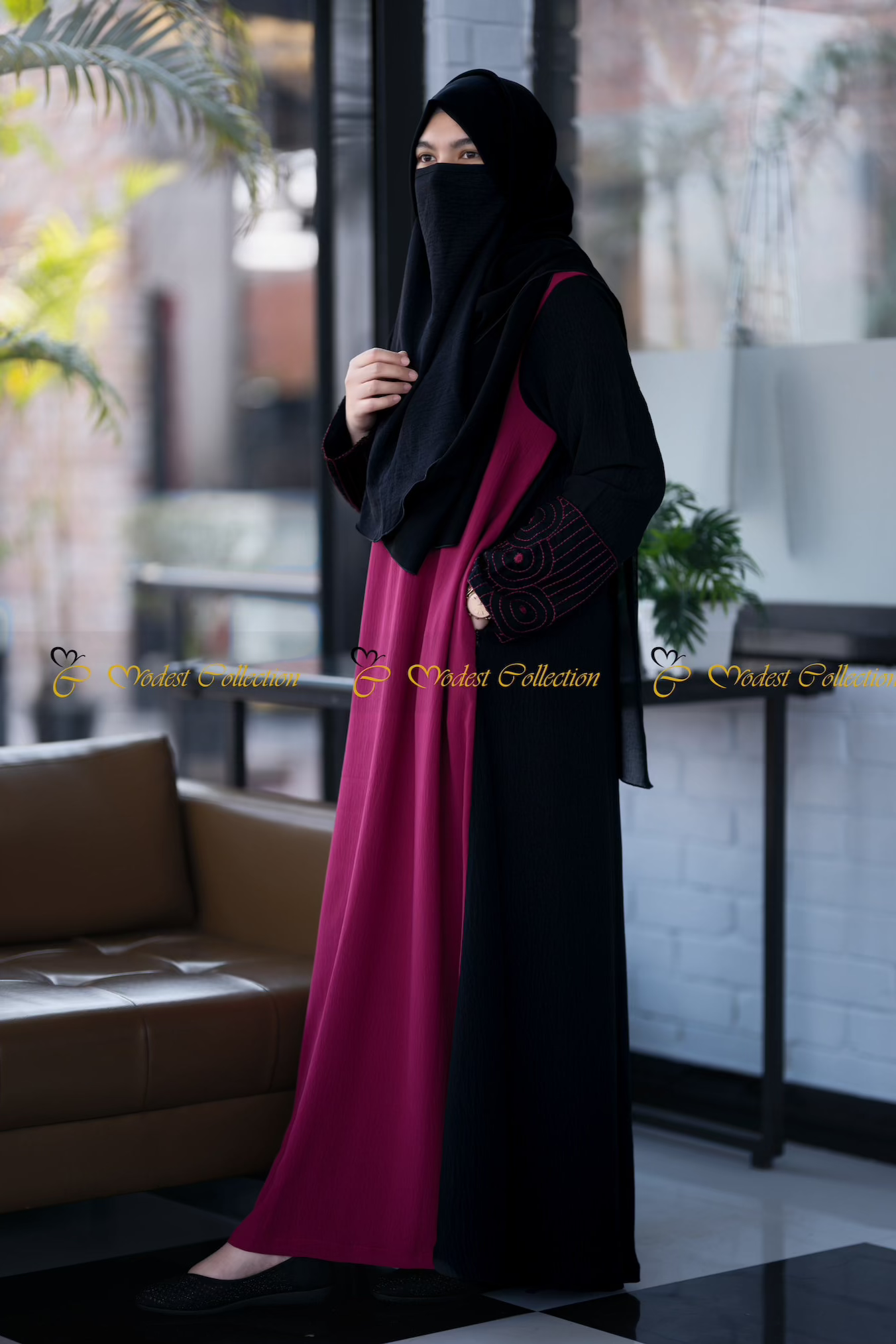 Dual Shade Elegant Embroidered Abaya Magenta-Black