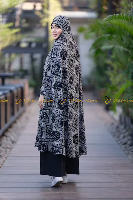 Linen Khimar with pockets printed Black