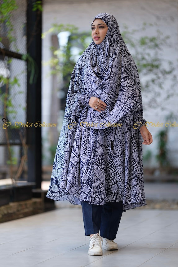 Niqab Khimar with Pockets geometric Navy - Modest Collection