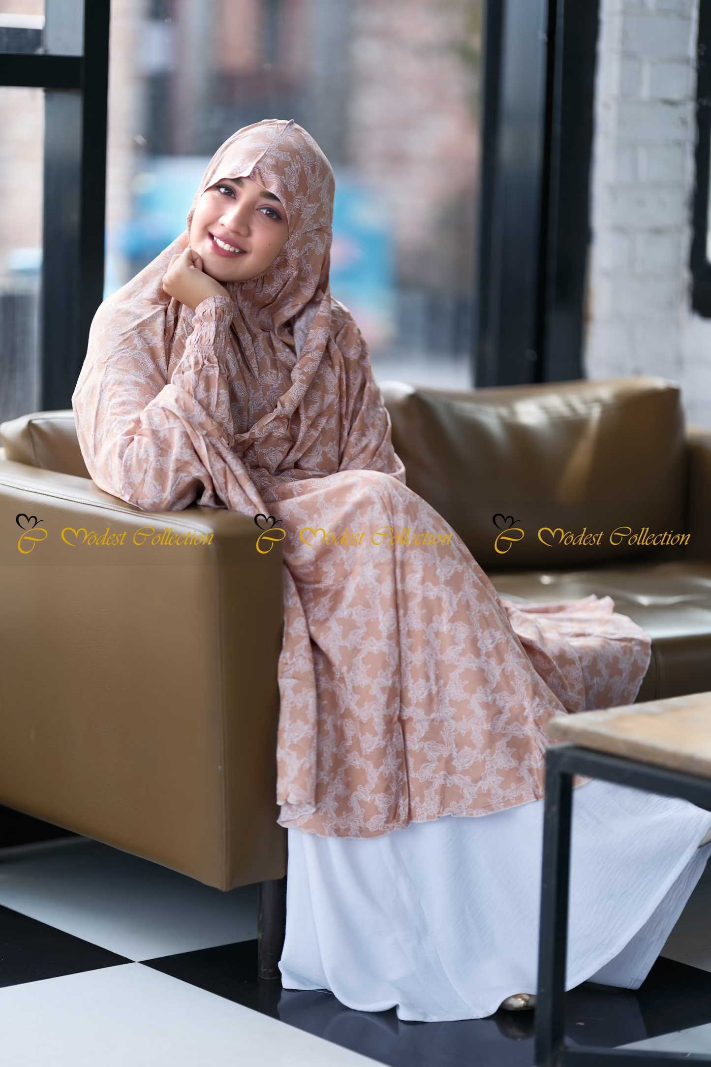 Linen Khimar with pockets printed Brown