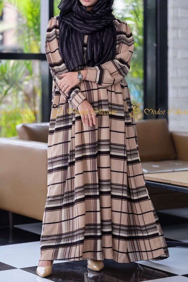 Mahzabin Dress Checkered Brown - Modest Collection