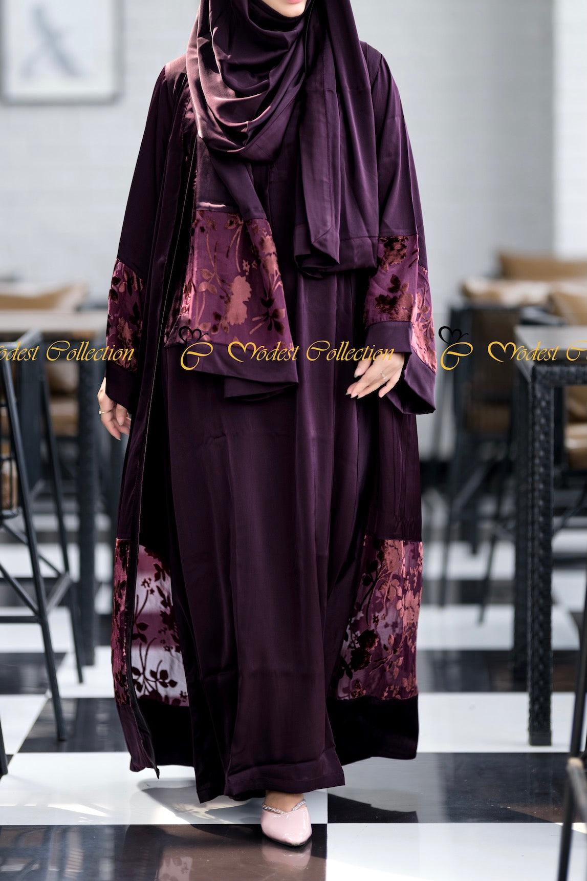 Nowshin three pc Kimono Abaya set Dark Purple - Modest Collection