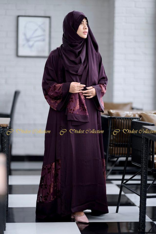 Nowshin three pc Kimono Abaya set Dark Purple - Modest Collection